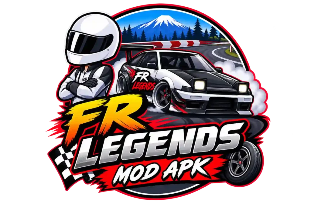FR Legends Mod APK logo featuring a drift car, racing helmet, and bold gaming badge design