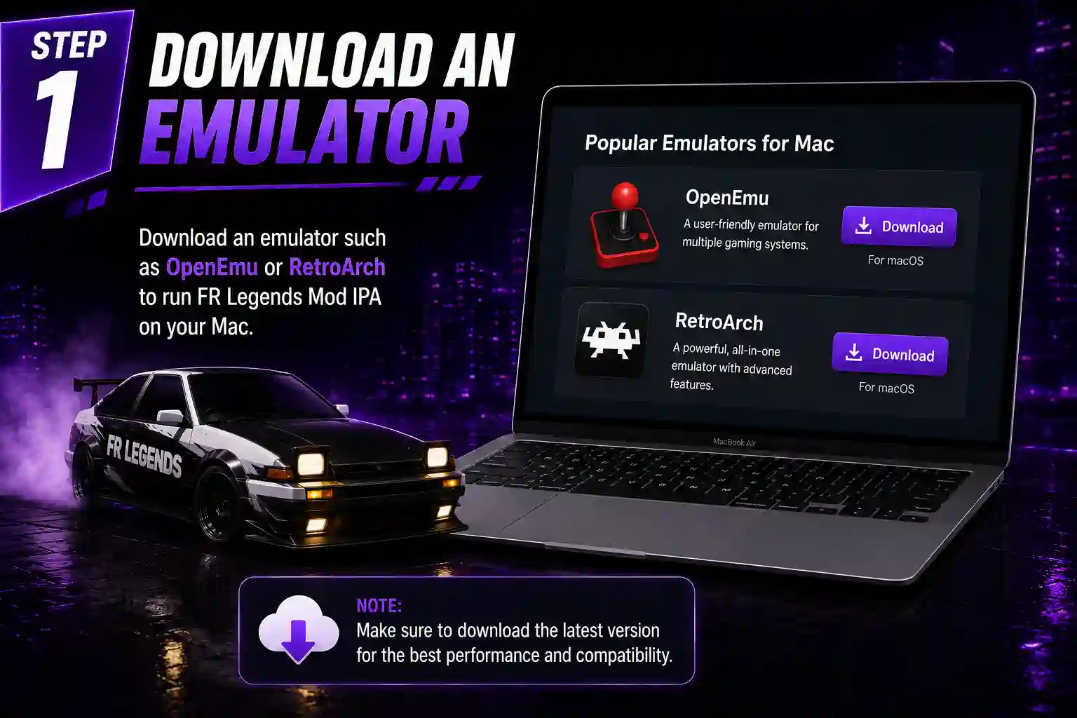 FR Legends Mod IPA for Mac download guide showing how to download an emulator such as OpenEmu or RetroArch and prepare a Mac for FR Legends Mod IPA installation