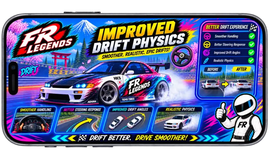 FR Legends Mod APK improved drift physics feature showing smoother handling, better steering response, improved drift angles, and realistic driving physics in a mobile mockup