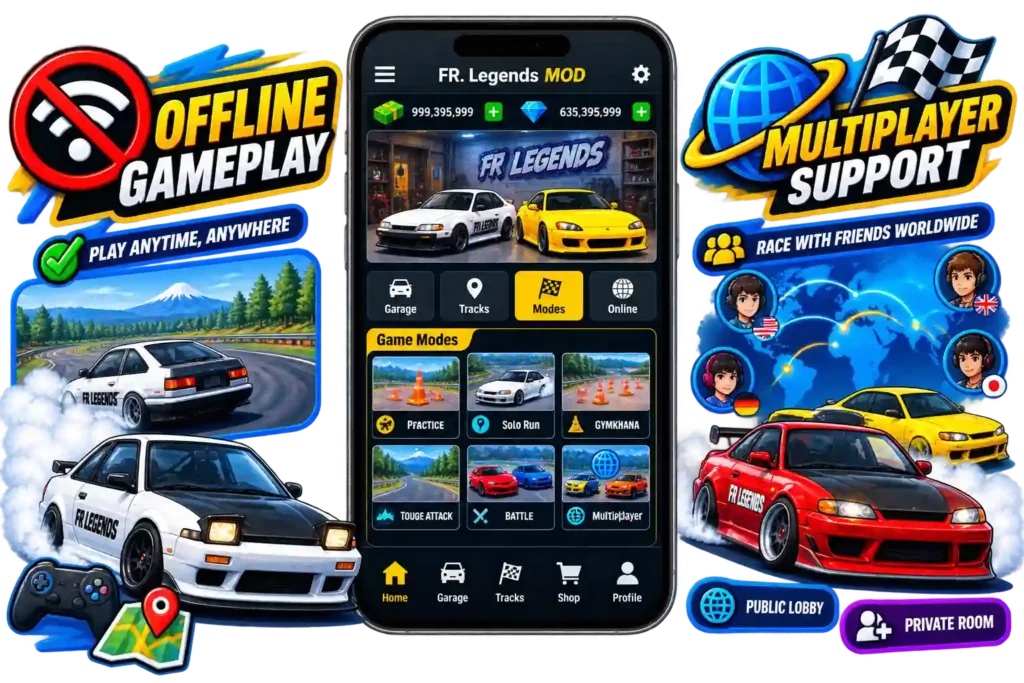 FR Legends MOD APK with offline gameplay and multiplayer support