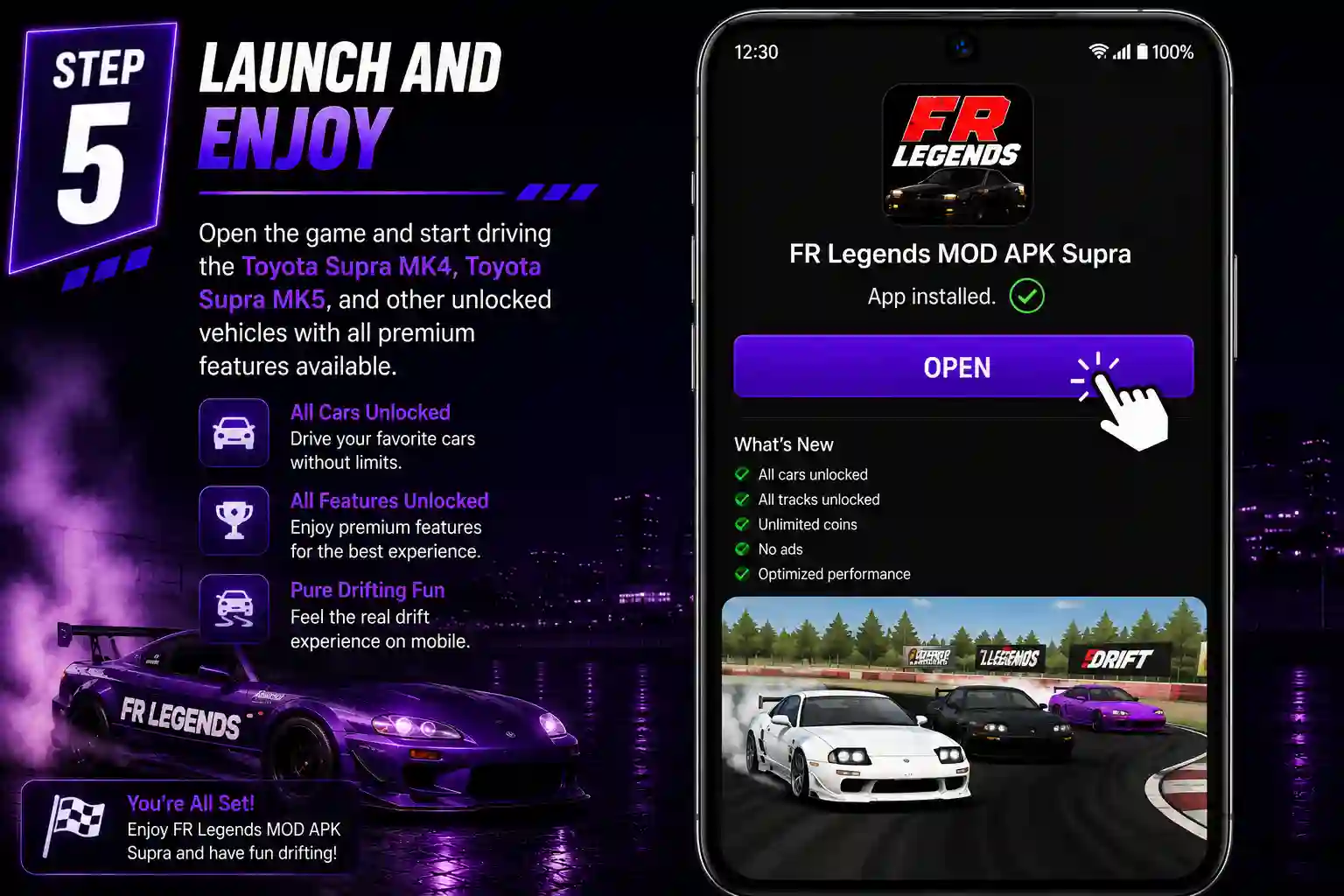 FR Legends Mod APK Supra installation guide showing five steps to download, enable unknown sources, locate the APK, install the game, and launch it