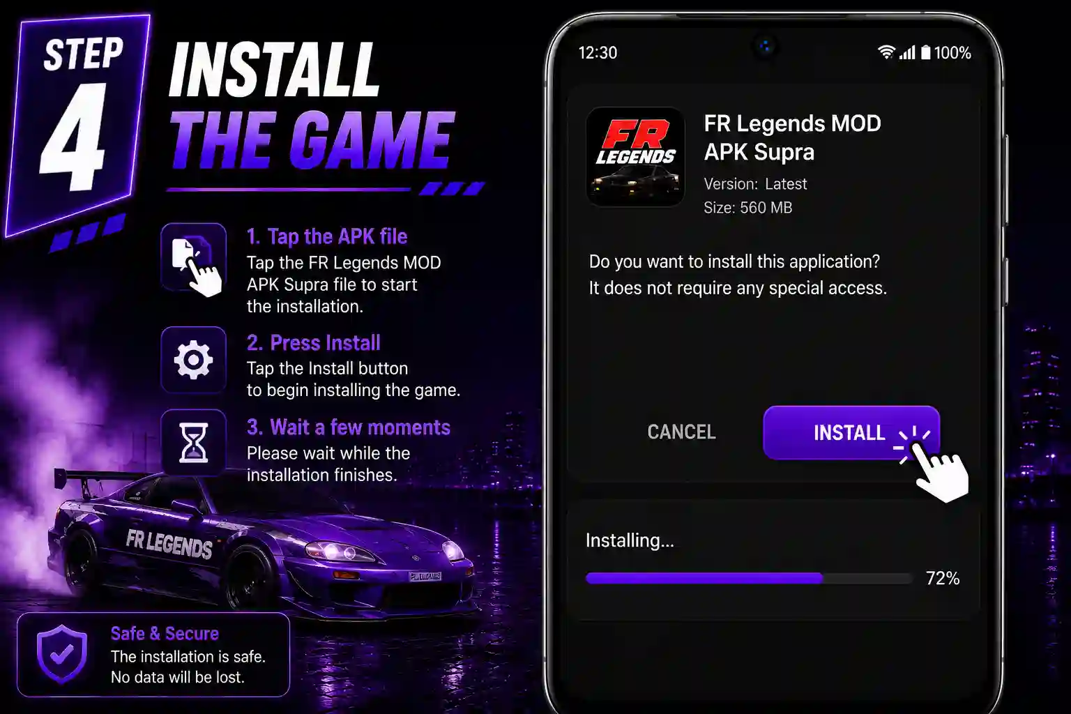 FR Legends Mod APK Supra installation guide showing five steps to download, enable unknown sources, locate the APK, install the game, and launch it