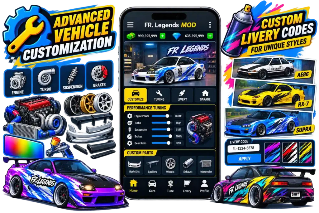 FR Legends MOD APK with advanced vehicle customization and custom livery codes