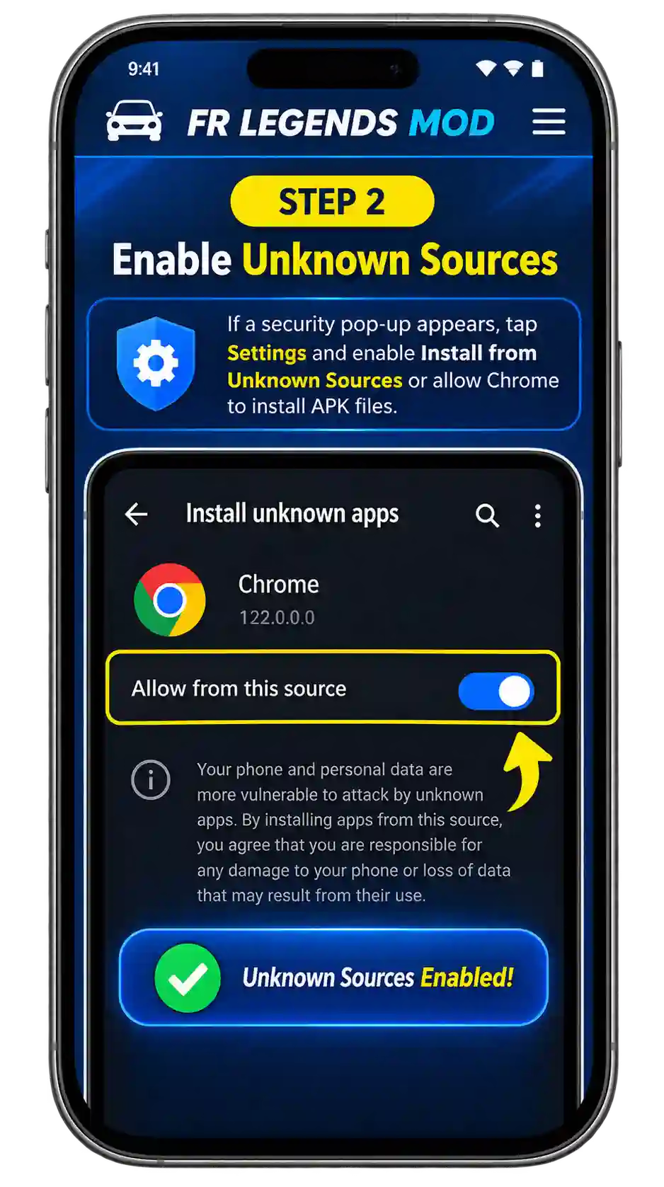 FR Legends Mod APK installation step-by-step guide showing how to download, enable unknown sources, locate and install the APK, complete installation, and launch the game with unlocked cars and unlimited money