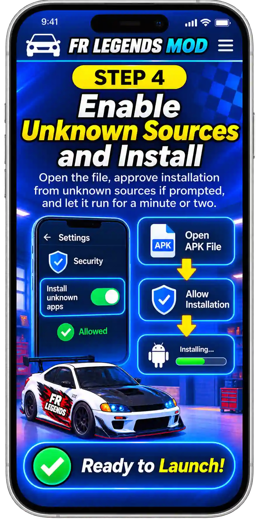 FR Legends Mod IPA step-by-step installation guide showing how to download the IPA, install it with a signing tool, trust the developer profile, and launch the game on iPhone or iPad