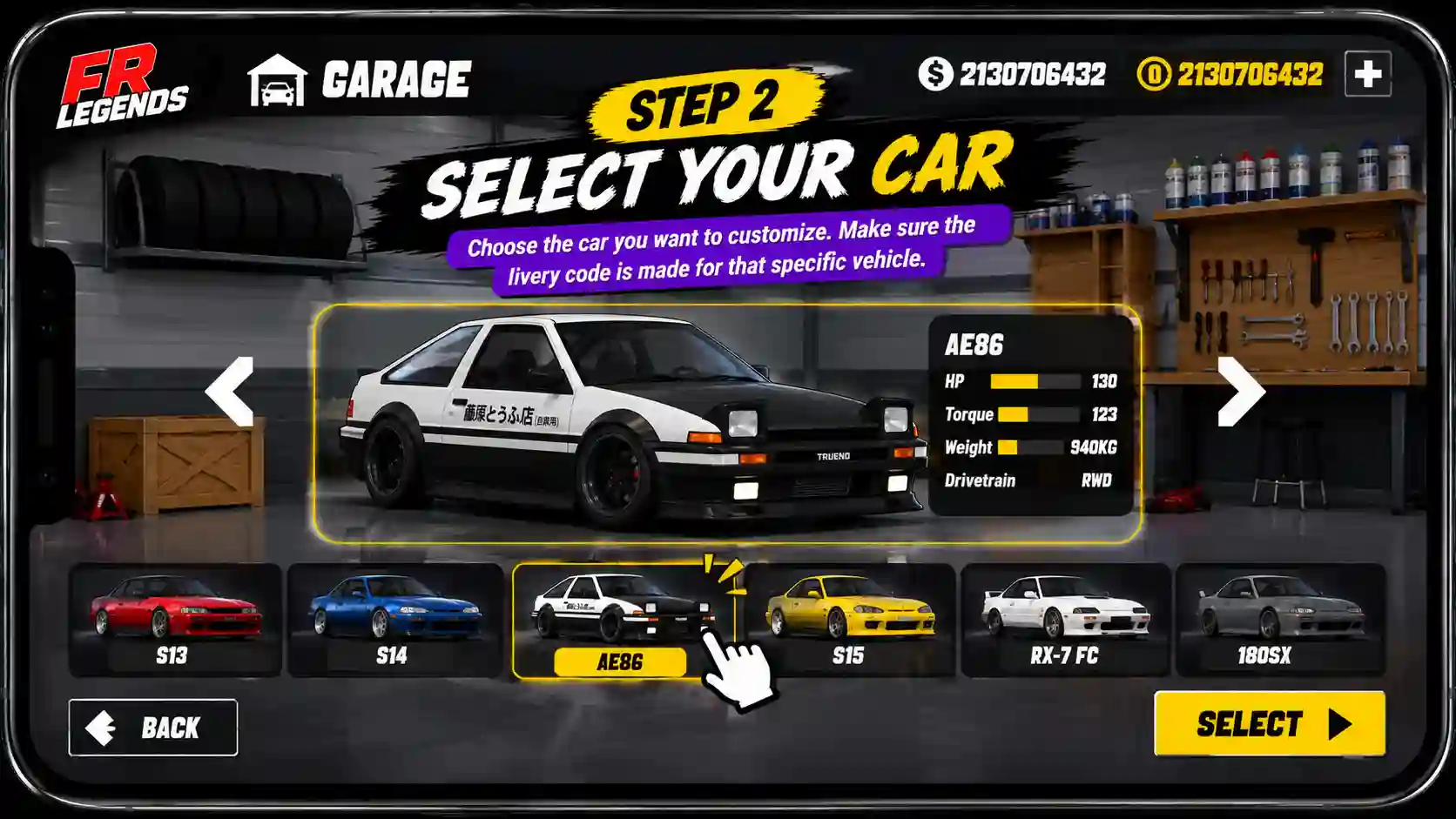 FR Legends livery code guide showing five steps to open the Garage, select a car, open the Livery Editor, choose Body or Window, and import the livery code