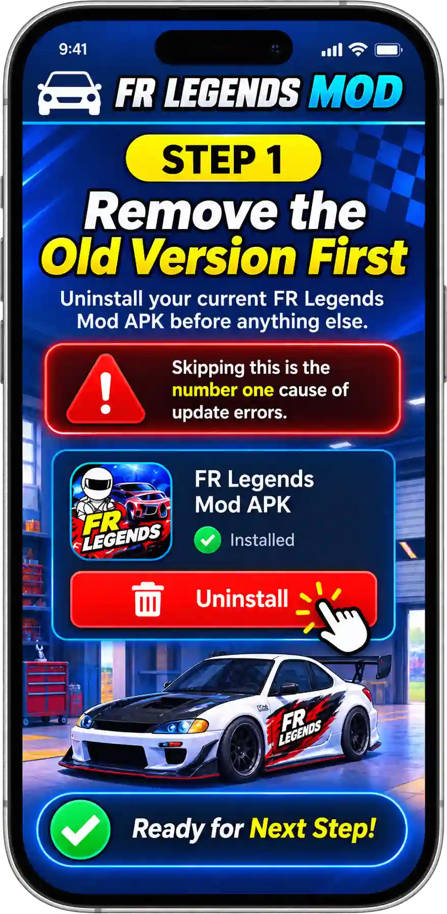 FR Legends Mod APK installation step-by-step guide showing how to download, enable unknown sources, locate and install the APK, complete installation, and launch the game with unlocked cars and unlimited money