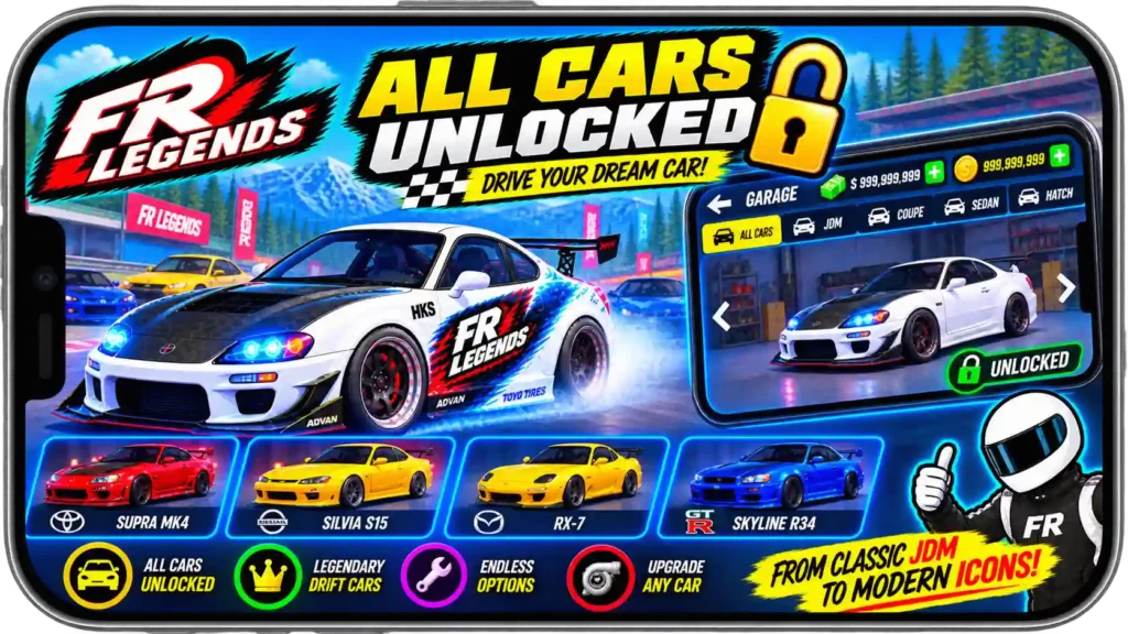 FR Legends MOD APK with all cars unlocked including Supra MK4, Silvia S15, RX-7, and Skyline R34
