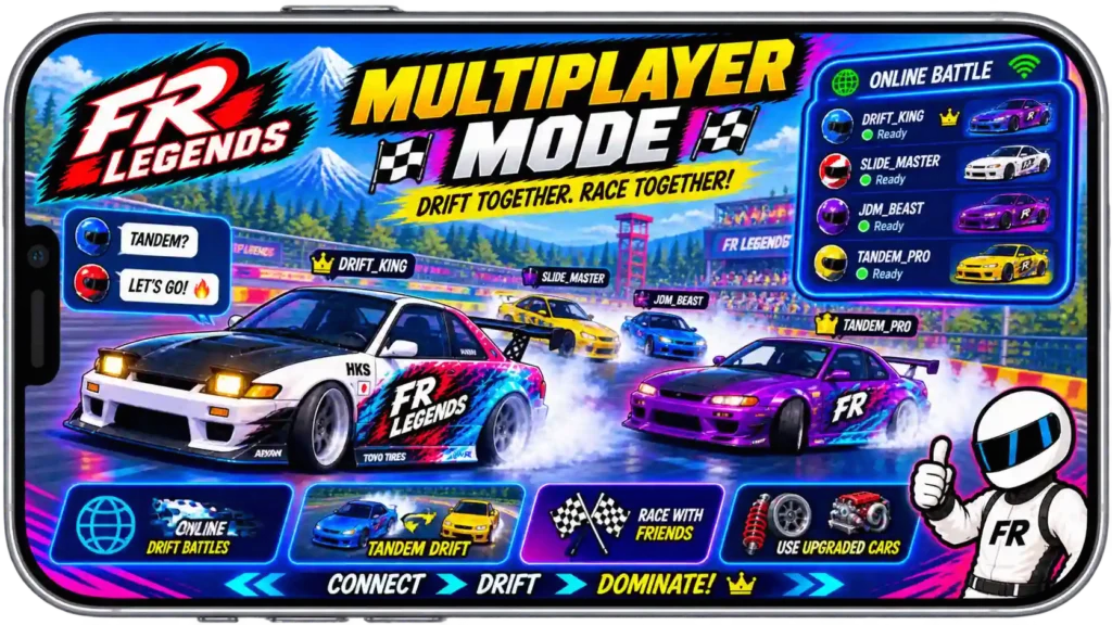 FR Legends Mod APK multiplayer mode showing online drift battles, tandem drifting, friend races, and upgraded custom cars in a mobile mockup