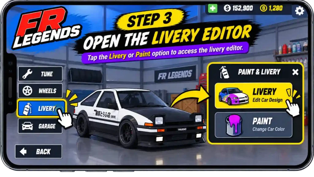 FR Legends livery code guide showing five steps to open the Garage, select a car, open the Livery Editor, choose Body or Window, and import the livery code