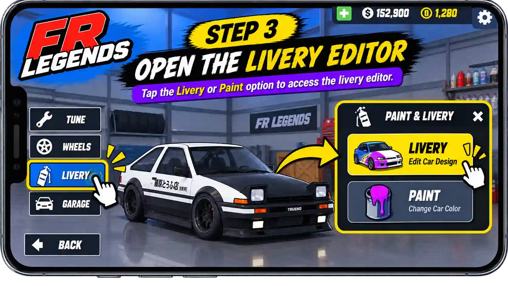 FR Legends livery code guide showing five steps to open the Garage, select a car, open the Livery Editor, choose Body or Window, and import the livery code