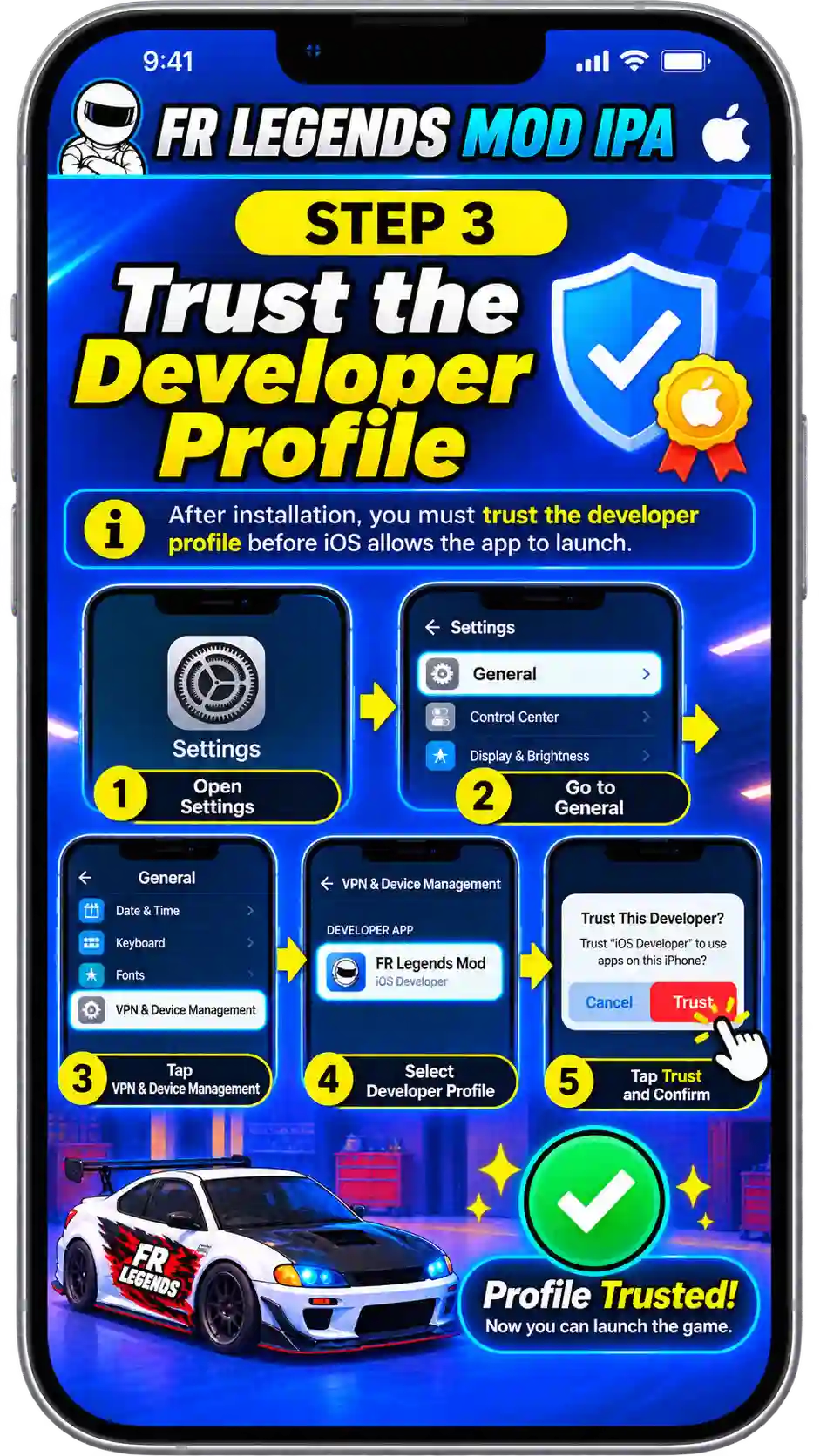 FR Legends Mod IPA step-by-step installation guide showing how to download the IPA, install it with a signing tool, trust the developer profile, and launch the game on iPhone or iPad