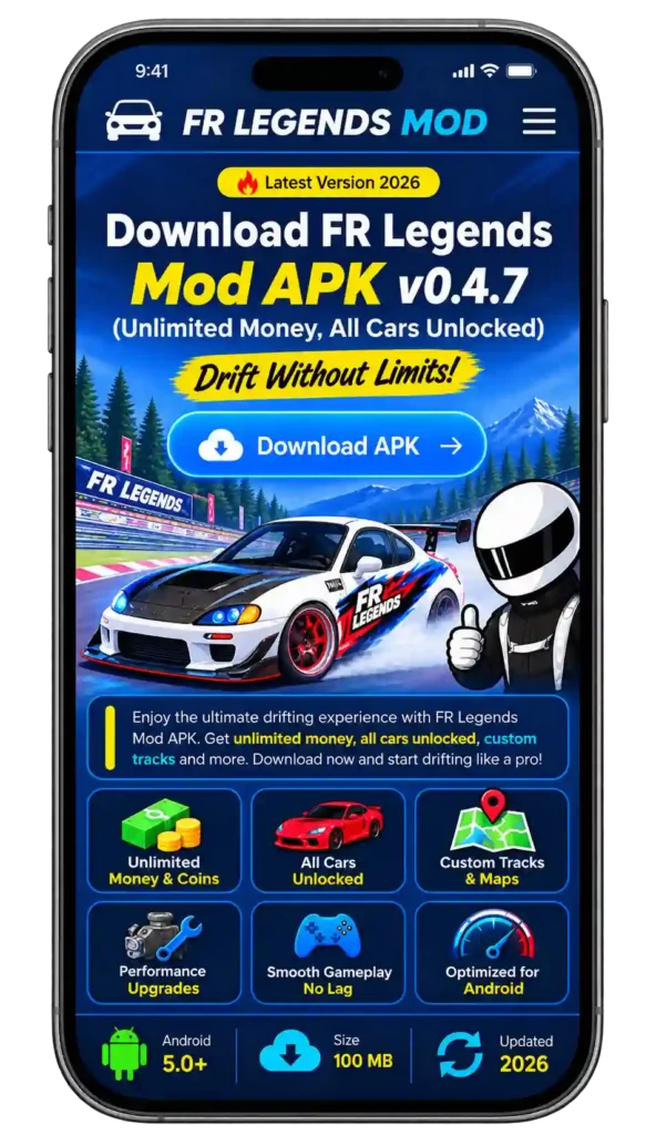 FR Legends Mod APK installation step-by-step guide showing how to download, enable unknown sources, locate and install the APK, complete installation, and launch the game with unlocked cars and unlimited money