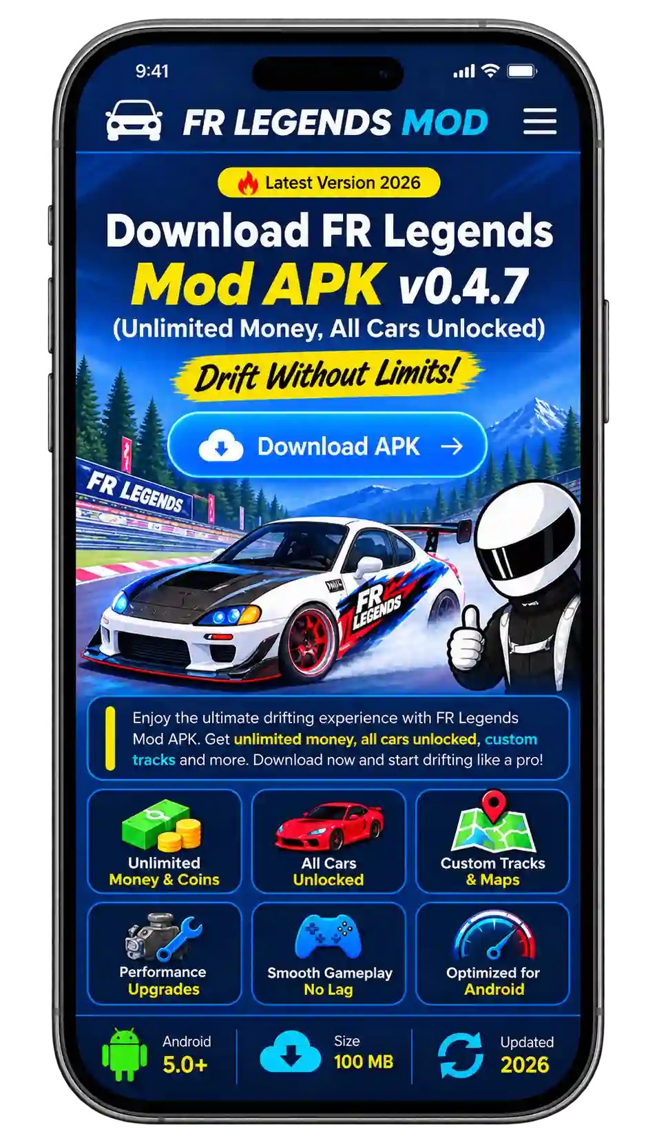 FR Legends Mod APK installation step-by-step guide showing how to download, enable unknown sources, locate and install the APK, complete installation, and launch the game with unlocked cars and unlimited money