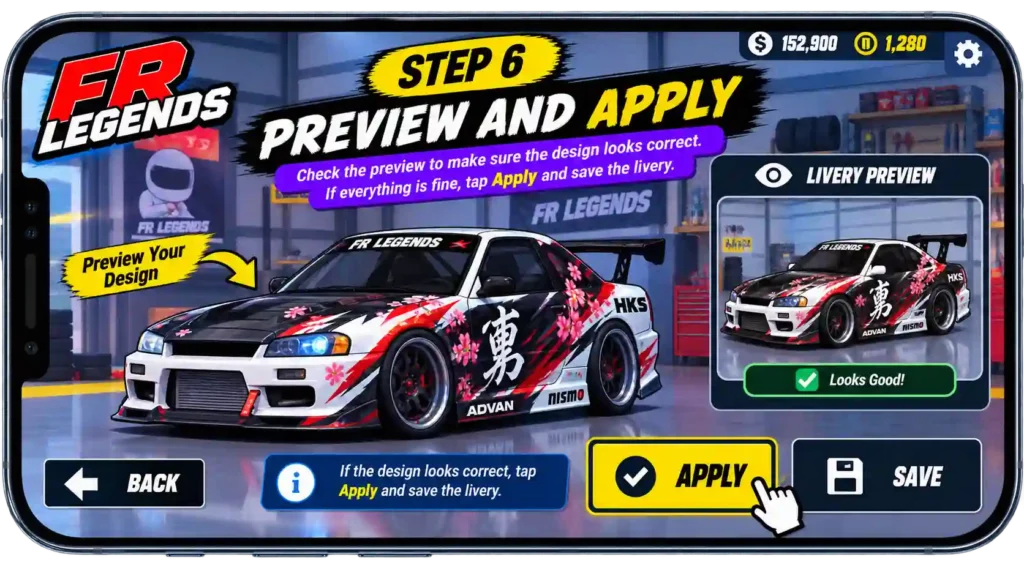 FR Legends livery code guide showing five steps to open the Garage, select a car, open the Livery Editor, choose Body or Window, and import the livery code
