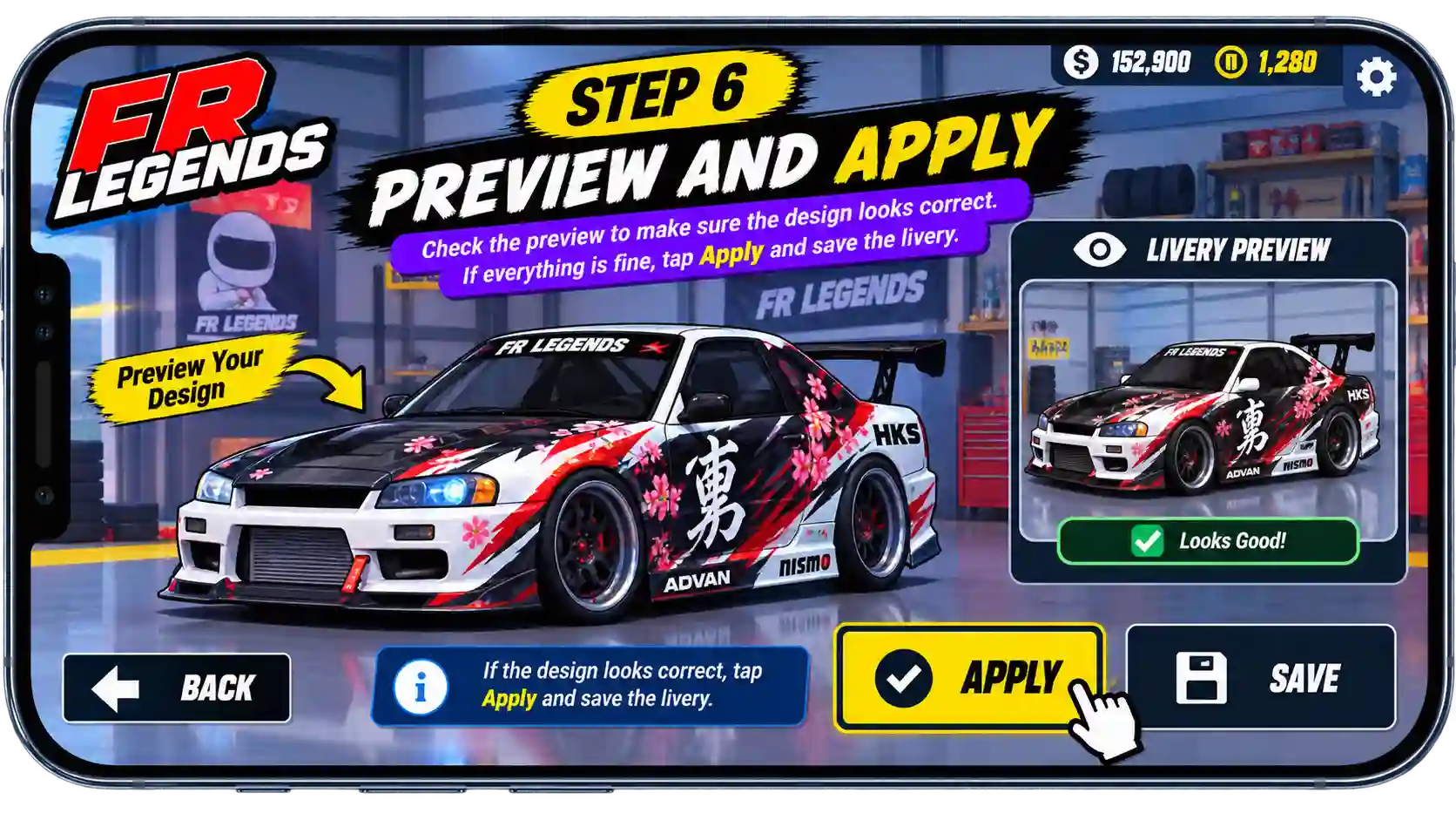 FR Legends livery code guide showing five steps to open the Garage, select a car, open the Livery Editor, choose Body or Window, and import the livery code