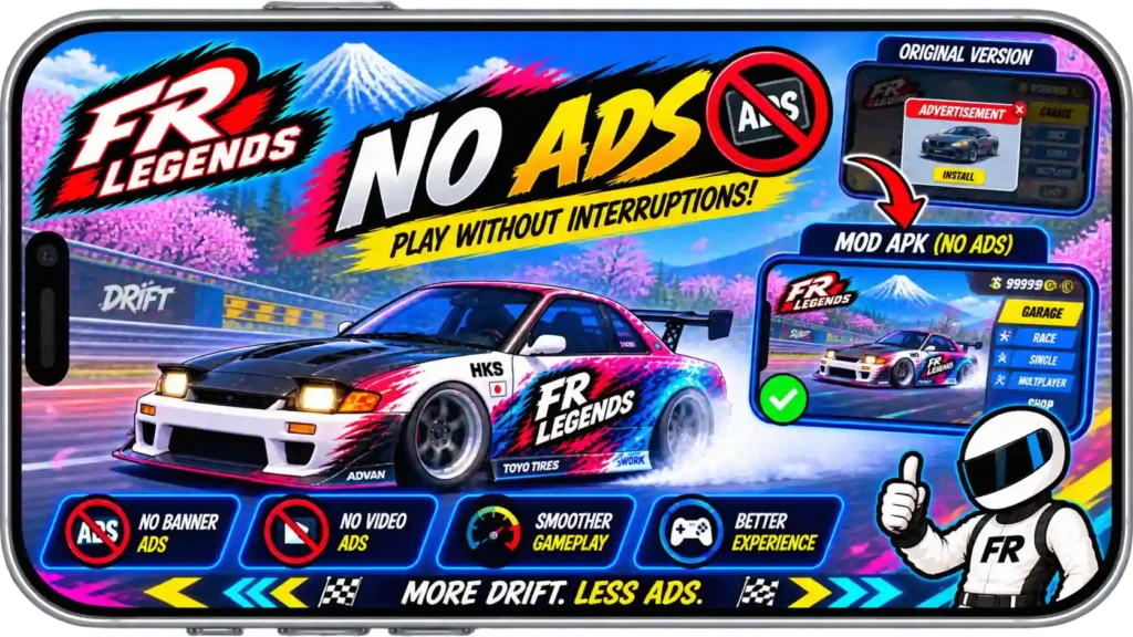 FR Legends Mod APK no ads feature showing uninterrupted gameplay without banner or video advertisements in a mobile mockup