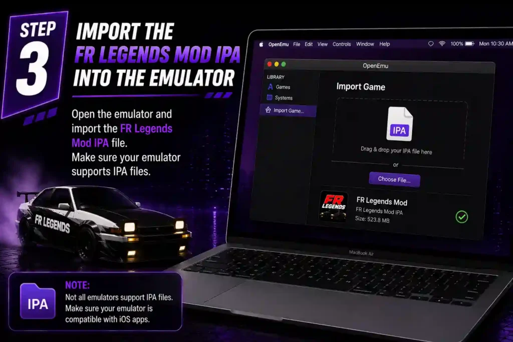 FR Legends Mod IPA for Mac download guide showing how to download an emulator such as OpenEmu or RetroArch and prepare a Mac for FR Legends Mod IPA installation