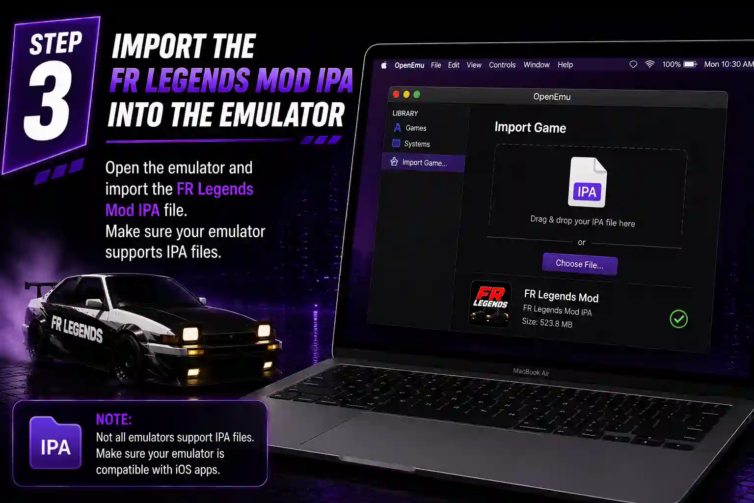 FR Legends Mod IPA for Mac download guide showing how to download an emulator such as OpenEmu or RetroArch and prepare a Mac for FR Legends Mod IPA installation
