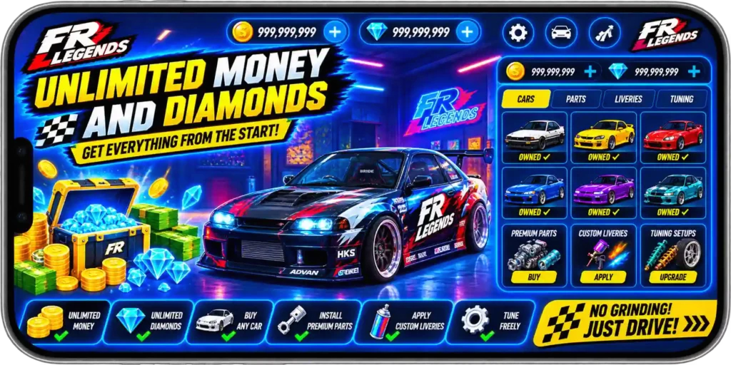 FR Legends MOD APK with unlimited money and diamonds, unlocked cars, premium parts, and tuning