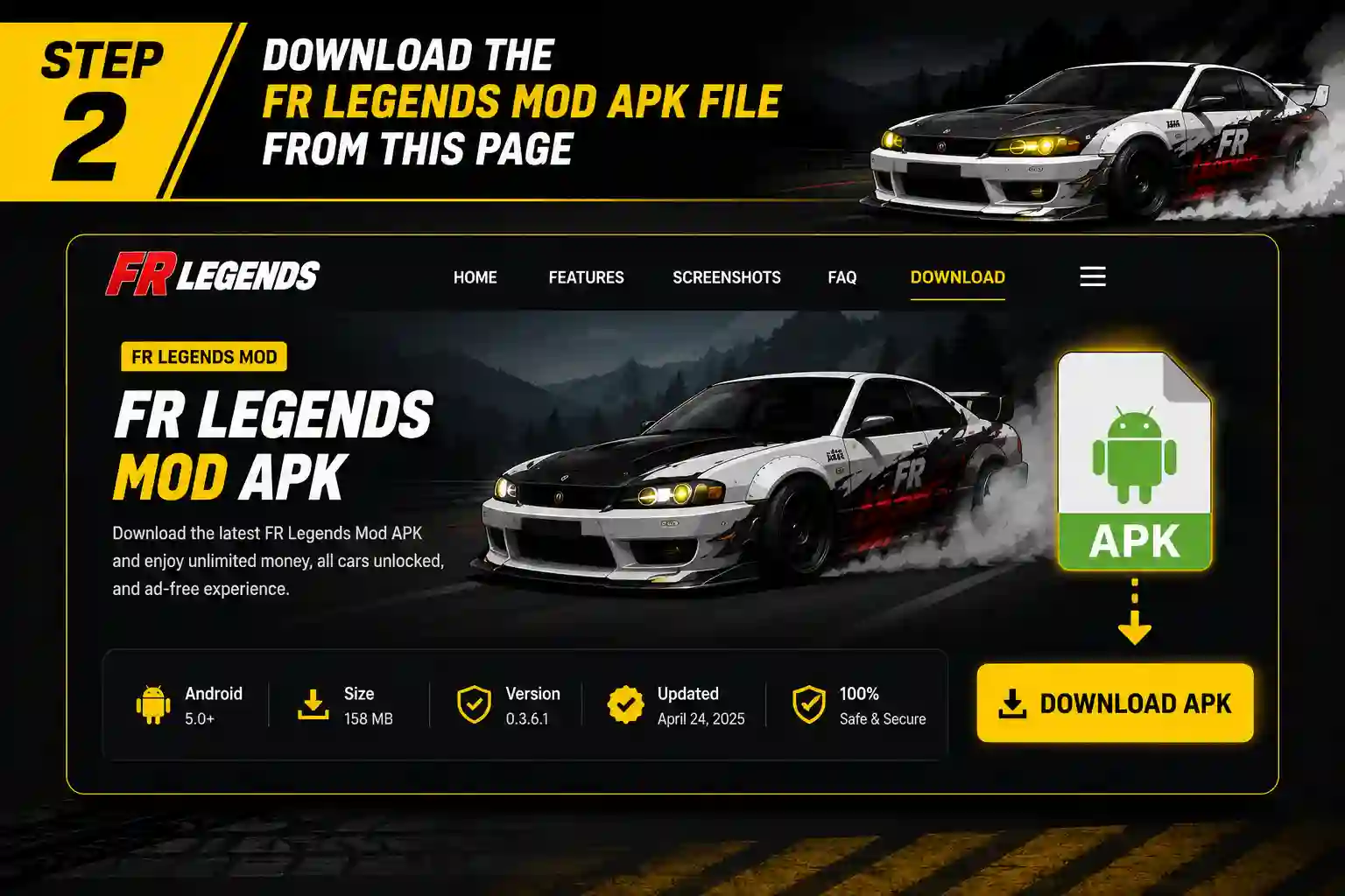 FR Legends Mod APK v0.4.7 for PC download and installation guide showing how to download the game and install it on Windows PC