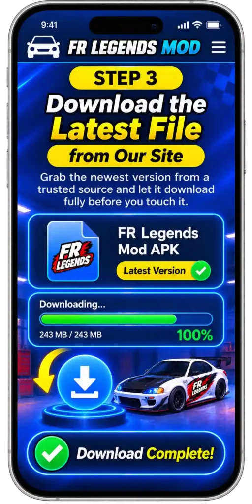 FR Legends Mod APK installation step-by-step guide showing how to download, enable unknown sources, locate and install the APK, complete installation, and launch the game with unlocked cars and unlimited money