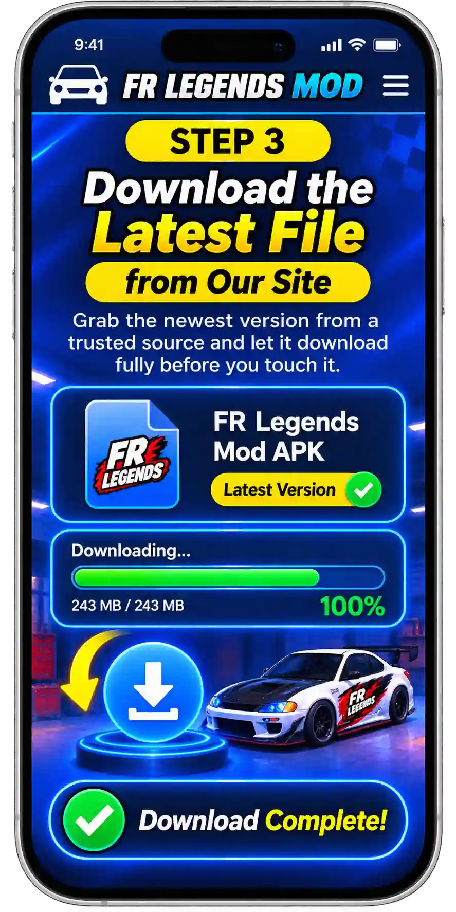 FR Legends Mod APK installation step-by-step guide showing how to download, enable unknown sources, locate and install the APK, complete installation, and launch the game with unlocked cars and unlimited money