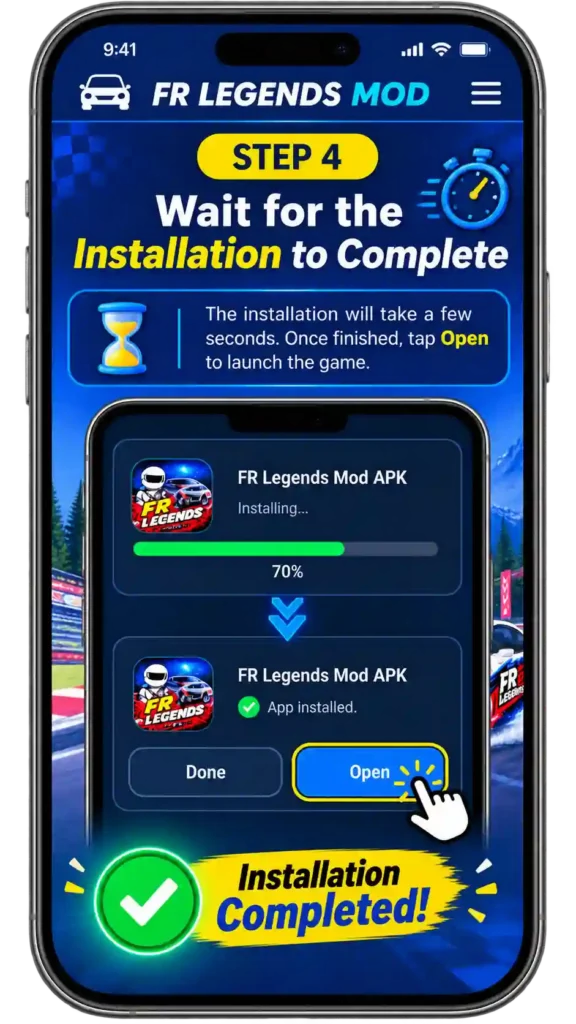 FR Legends Mod APK installation step-by-step guide showing how to download, enable unknown sources, locate and install the APK, complete installation, and launch the game with unlocked cars and unlimited money