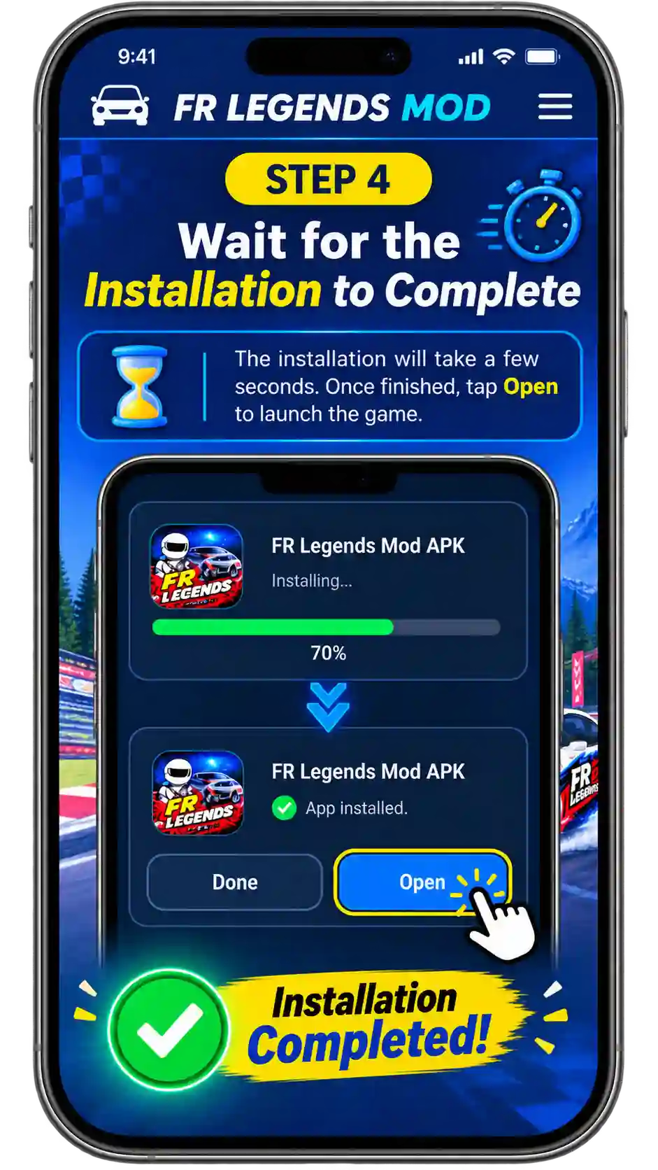 FR Legends Mod APK installation step-by-step guide showing how to download, enable unknown sources, locate and install the APK, complete installation, and launch the game with unlocked cars and unlimited money