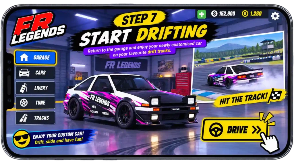 FR Legends livery code guide showing five steps to open the Garage, select a car, open the Livery Editor, choose Body or Window, and import the livery code