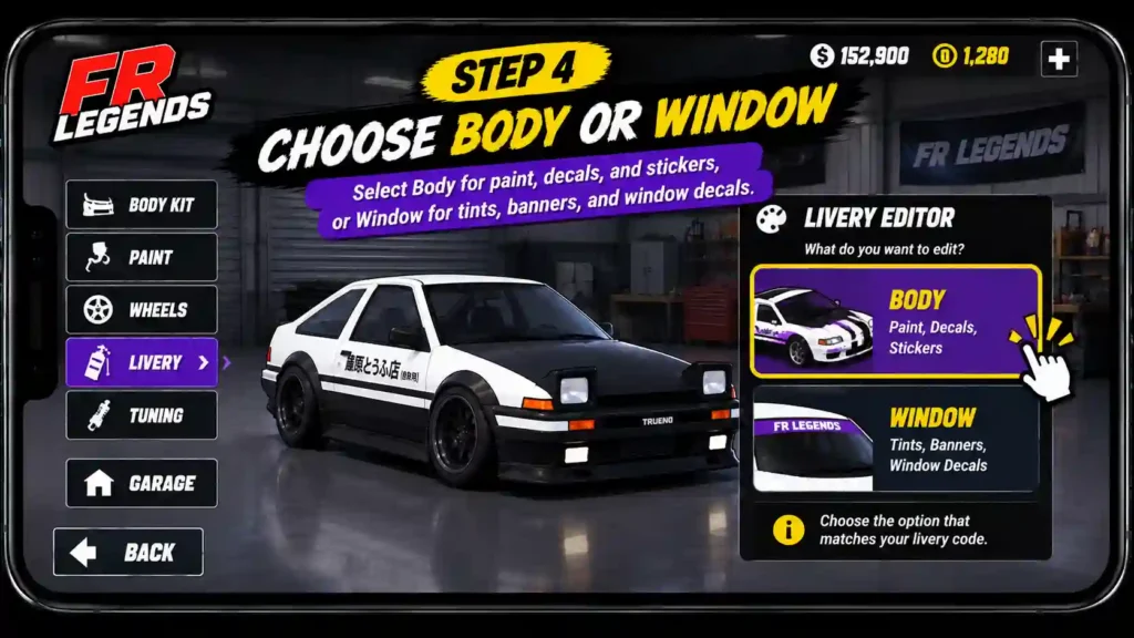 FR Legends livery code guide showing five steps to open the Garage, select a car, open the Livery Editor, choose Body or Window, and import the livery code