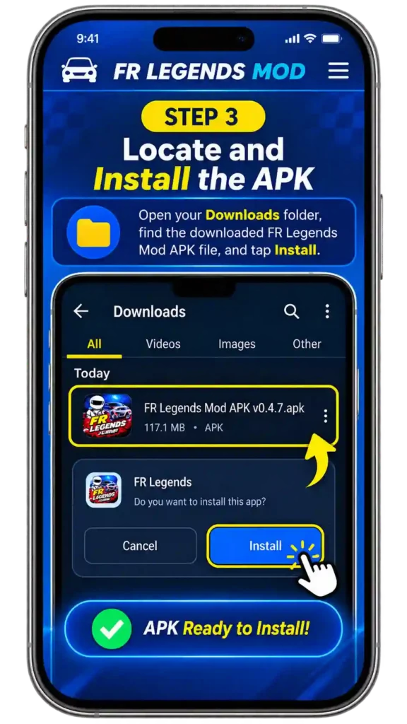 FR Legends Mod APK installation step-by-step guide showing how to download, enable unknown sources, locate and install the APK, complete installation, and launch the game with unlocked cars and unlimited money