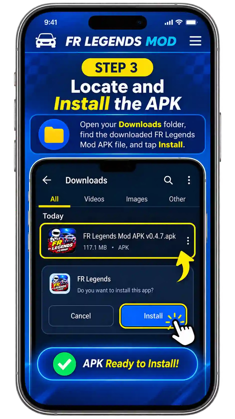 FR Legends Mod APK installation step-by-step guide showing how to download, enable unknown sources, locate and install the APK, complete installation, and launch the game with unlocked cars and unlimited money
