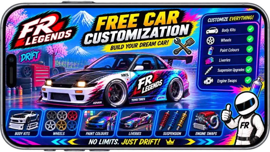 FR Legends Mod APK free car customization feature showing body kits, wheels, paint colours, liveries, suspension upgrades, and engine swaps in a mobile mockup