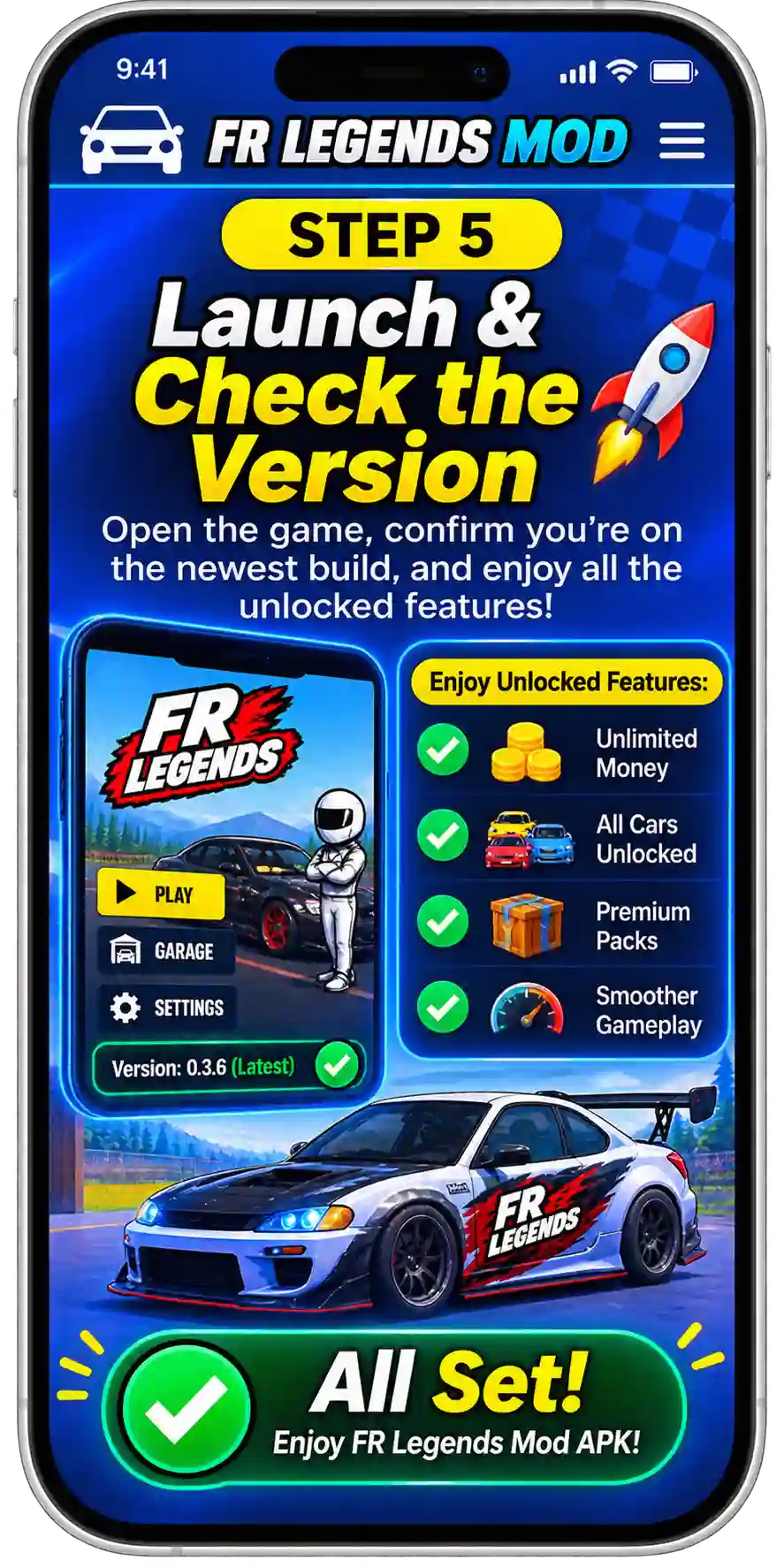 FR Legends Mod APK update guide showing five steps to remove the old version, back up progress, download the latest file, enable unknown sources and install, then launch the game and check the version