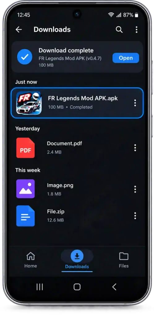 FR Legends 2 Mod APK download and installation guide showing how to enable unknown sources, download the APK, and install the game on Android