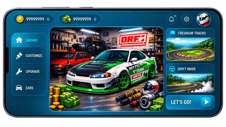 FR Legends MOD APK with unlimited money, customized drift car, and premium tracks