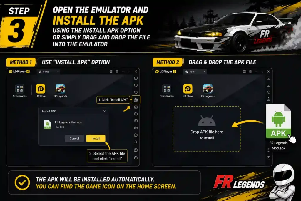 FR Legends Mod APK v0.4.7 for PC download and installation guide showing how to download the game and install it on Windows PC