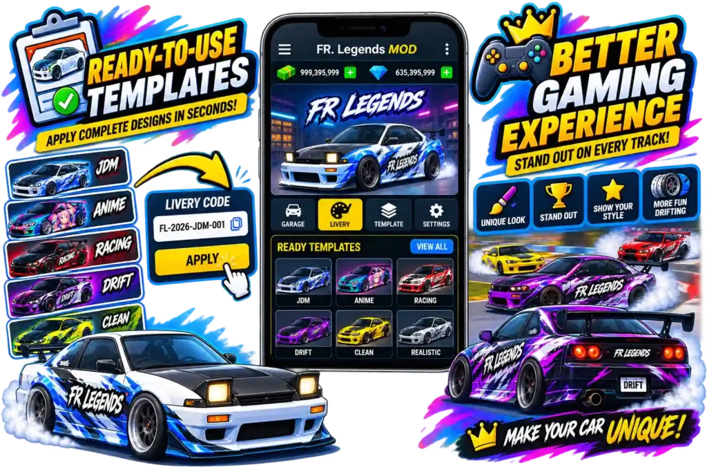 FR Legends MOD APK with ready-to-use livery templates and unique car designs