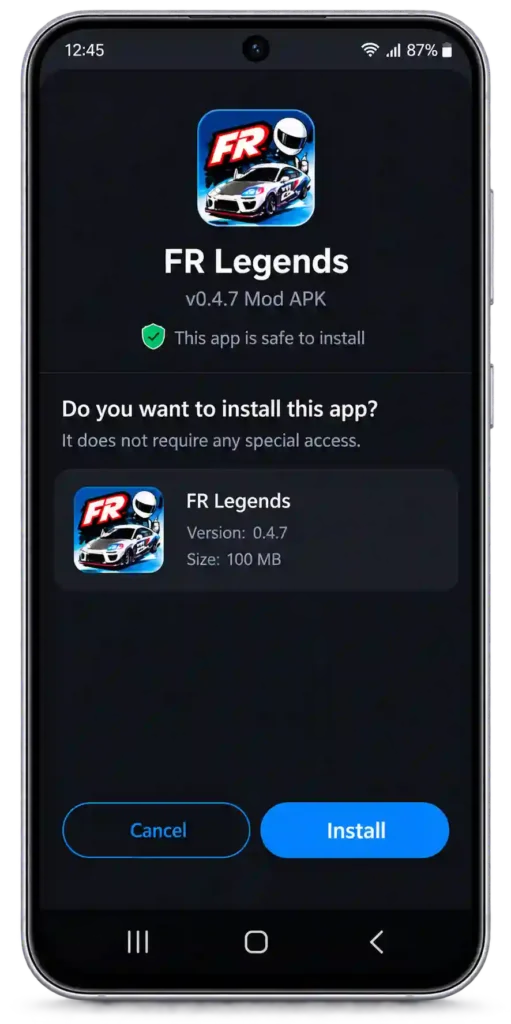 FR Legends 2 Mod APK download and installation guide showing how to enable unknown sources, download the APK, and install the game on Android
