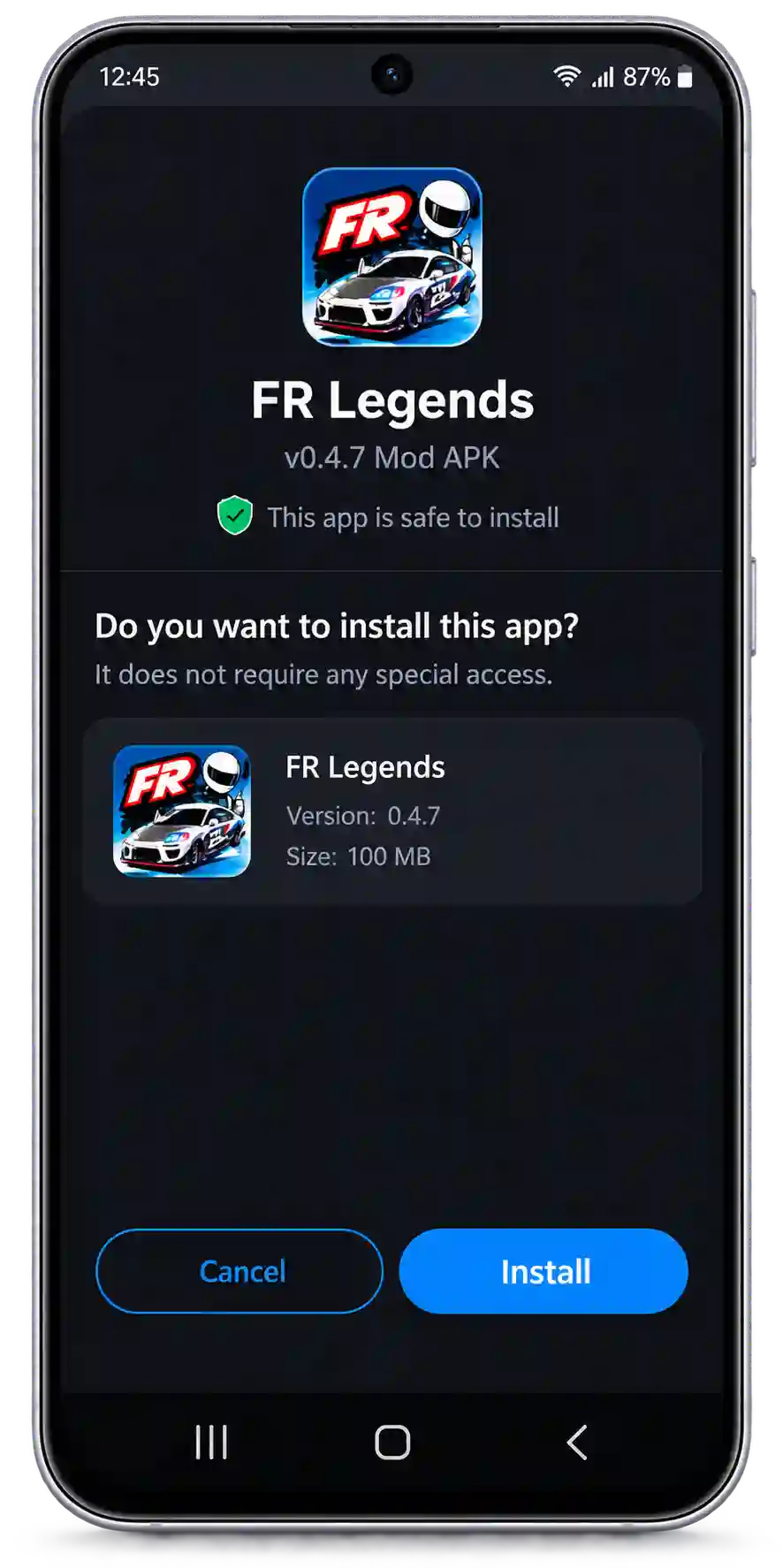 FR Legends 2 Mod APK download and installation guide showing how to enable unknown sources, download the APK, and install the game on Android