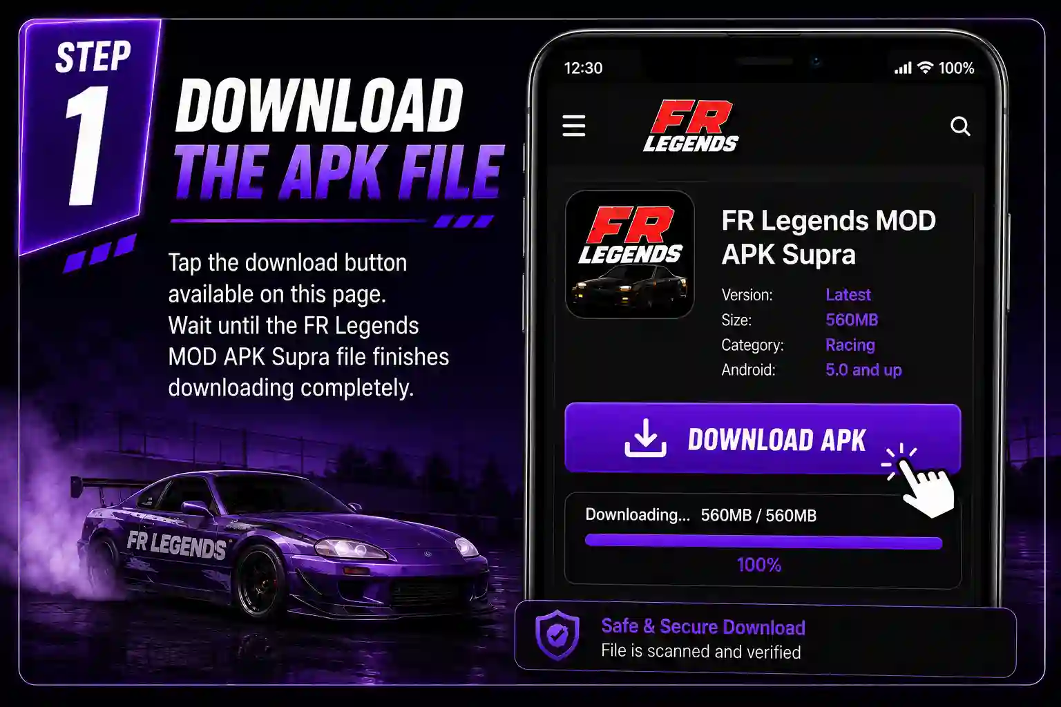 FR Legends Mod APK Supra installation guide showing five steps to download, enable unknown sources, locate the APK, install the game, and launch it