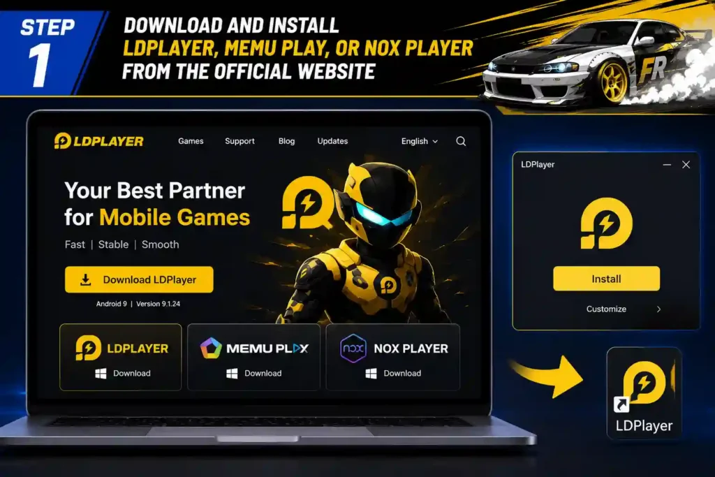 FR Legends Mod APK v0.4.7 for PC download and installation guide showing how to download the game and install it on Windows PC