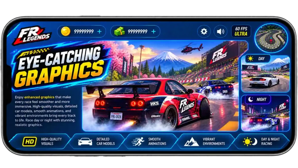 FR Legends MOD APK with eye-catching graphics, detailed cars, and vibrant racing environments