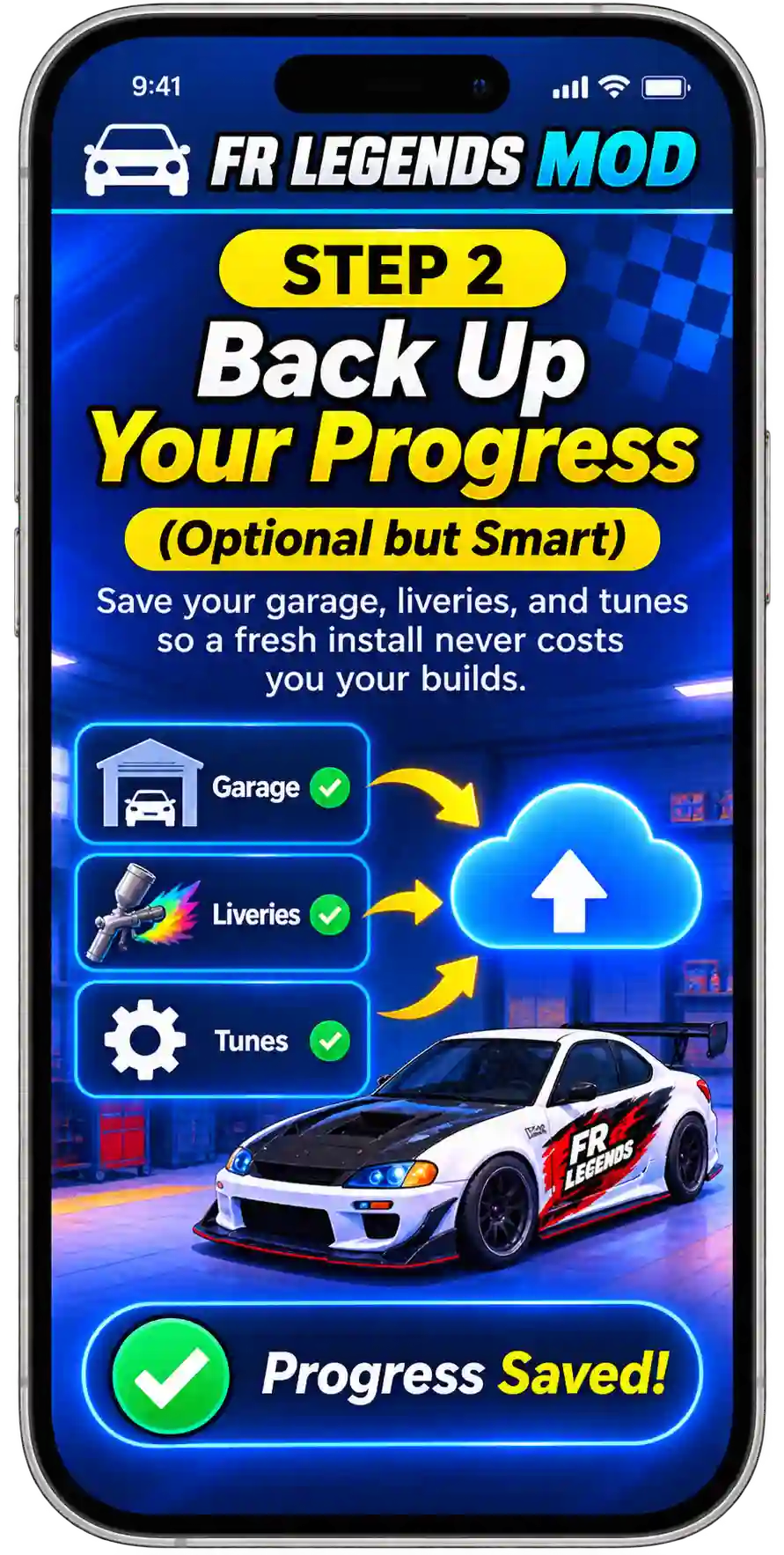 FR Legends Mod IPA step-by-step installation guide showing how to download the IPA, install it with a signing tool, trust the developer profile, and launch the game on iPhone or iPad