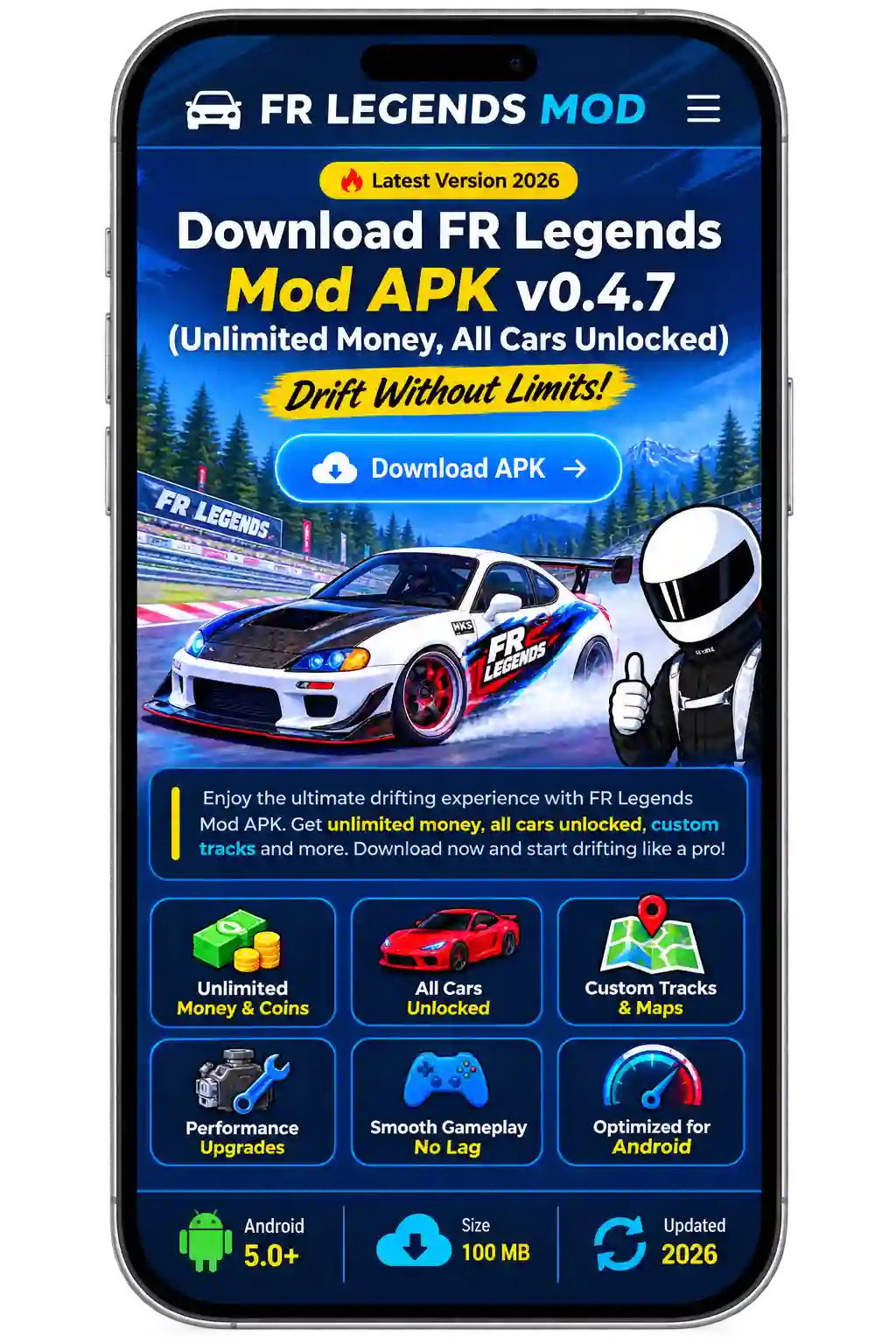 FR Legends 2 Mod APK download and installation guide showing how to enable unknown sources, download the APK, and install the game on Android