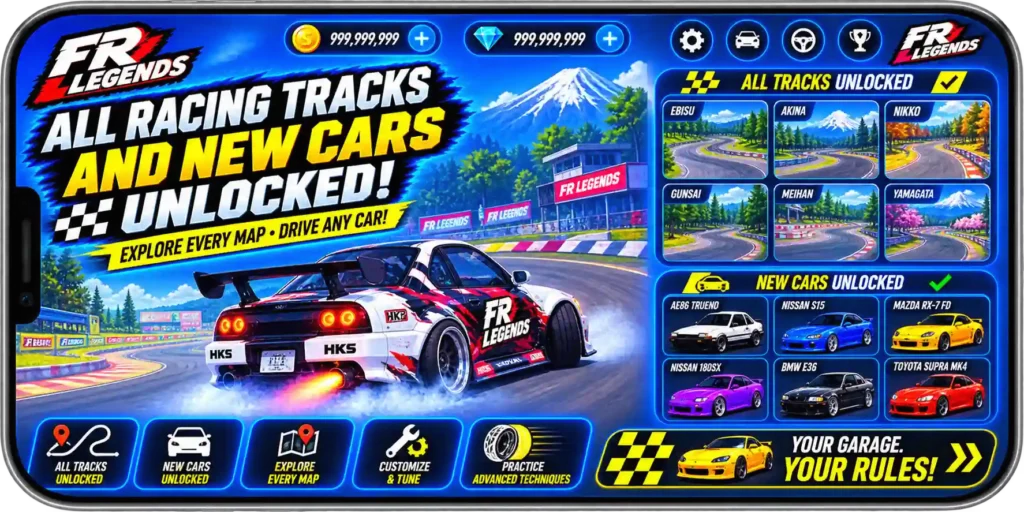 FR Legends MOD APK with all racing tracks and new cars unlocked