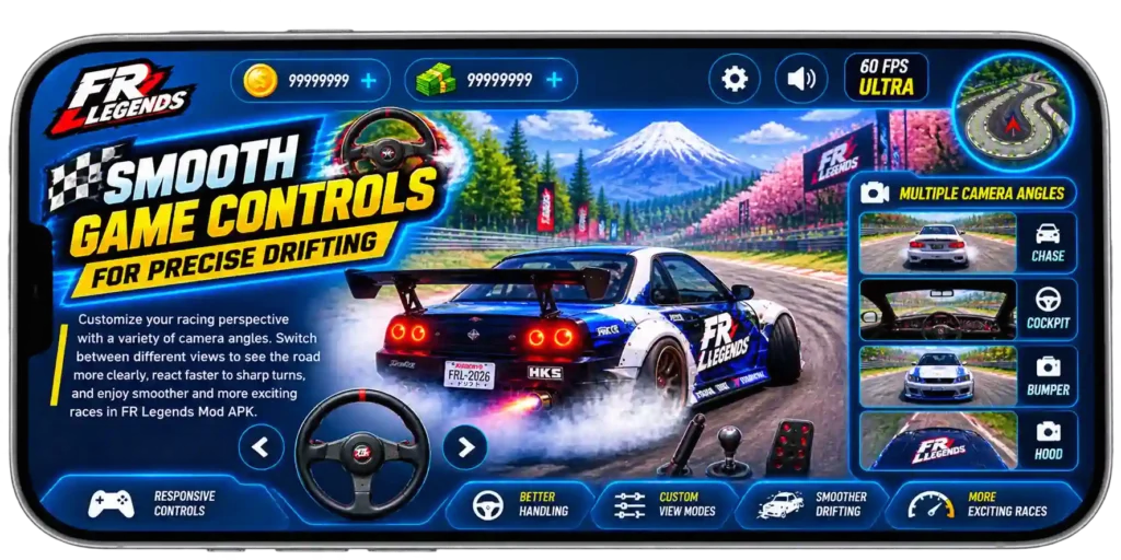 FR Legends MOD APK with smooth controls, multiple camera angles, and precise drifting