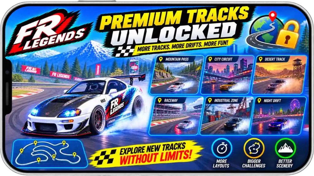 FR Legends Mod APK with premium racing tracks unlocked for advanced drifting