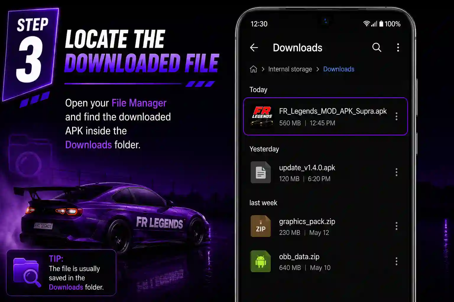FR Legends Mod APK Supra installation guide showing five steps to download, enable unknown sources, locate the APK, install the game, and launch it